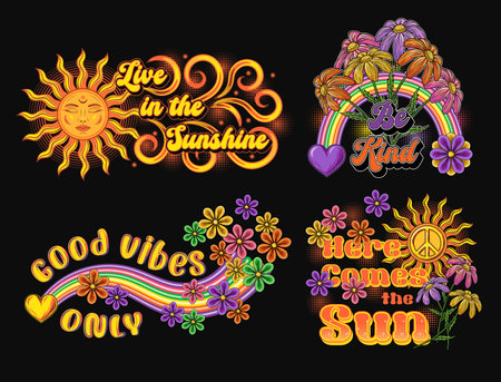 Summer groovy labels with sun, rainbow, chamomile flowers, hearts. Concept of peace, love and harmony. For clothing, apparel, T-shirts, surface decoration. Retro style illustration on black backgroundのイラスト素材