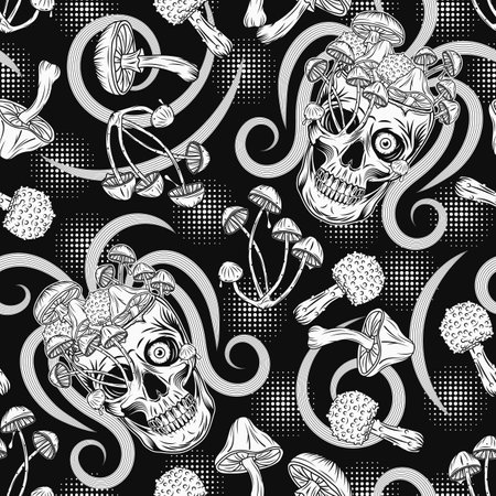 Psychedelic surreal label with human skull without top like cup full of fantasy mushrooms, text. Crazy mad skull with single eye, growing through skull mushrooms. Concept of madness, insanity.のイラスト素材