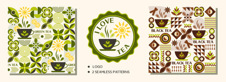 Logo, 2 tea themed seamless patterns for black and green tea. Icons, design elements in simple geometric style. Good for branding, decoration of food package, cover design, textile printsのイラスト素材