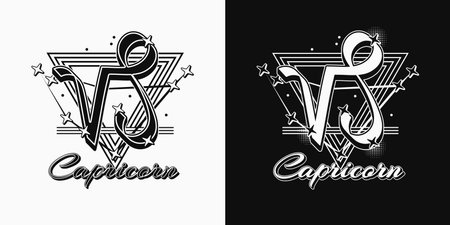 Black and white icon of zodiac sign Capricorn with constellation with stars, text, triangle as alchemical symbol for earth element. Horoscope esoteric elements. Vintage style.のイラスト素材