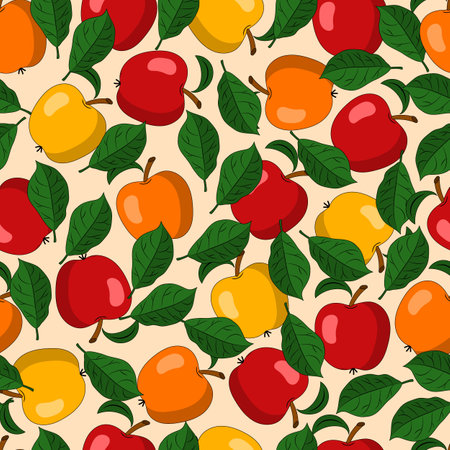 Seamless pattern with ripe red, orange, yellow apples and green leaves. Densely arrangement of elements. Vector illustration. Good for kitchen, home decoration.のイラスト素材