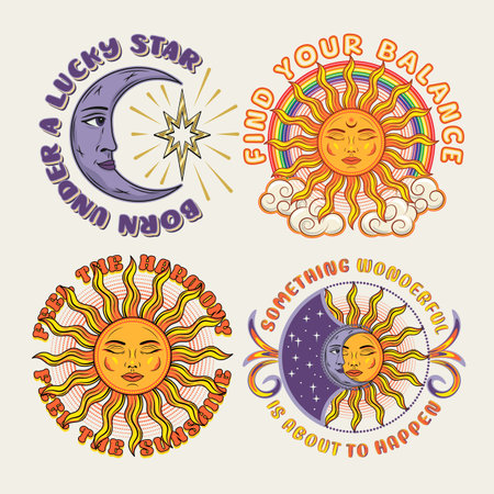 Labels with sun, crescent moon, eclipse, text. Mythological fairytale characters with face. Magic, mystical, astrology concept. For clothing, apparel, T-shirts, surface decoration, kids designのイラスト素材