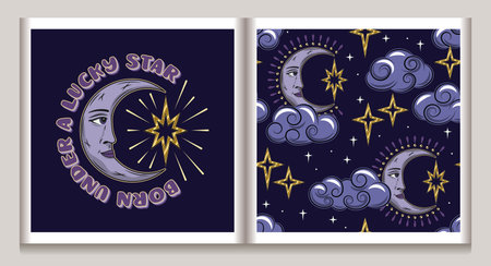 Label, pattern with crescent moon with face in profile, stars. Mythological faitytale symbols. Good for clothing, apparel, T-shirts, surface decoration, kids designのイラスト素材