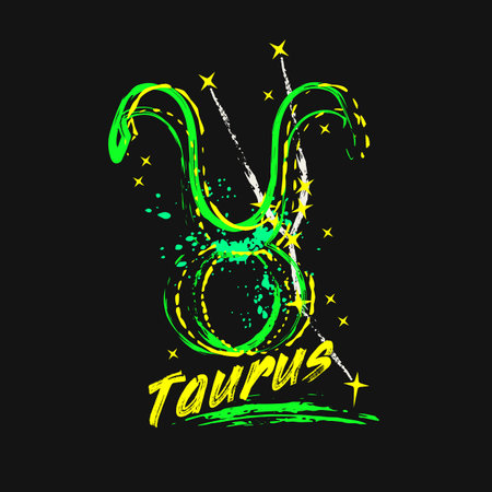 Grunge label with icon of zodiac sign Taurus with constellation, text, paint splatter, smudge, brush...