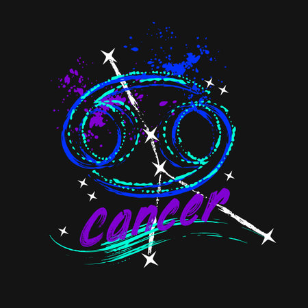 Grunge label with icon of zodiac sign Cancer with constellation, text, paint splatter, smudge, brush strokes. Horoscope esoteric element of the element of water. For decoration in street styleのイラスト素材