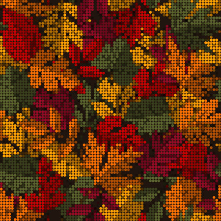 Pattern with overlapping colorful autumn leaves. Pixel retro effect. Dense composition with overlapping elements. Good for clothing, fabric, textile, surface design design.のイラスト素材