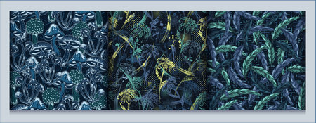Set of blue camouflage patterns with feathers, chamomile, mushrooms. Dense composition with overlapping elements. Good for female apparel, fabric, textile, sport goods.の写真素材