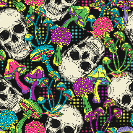 Pattern with human skull, mushrooms, circular halftone shapes. Concept of madness and craziness. Surreal illustration for groovy, hippie, mystical, psychedelic designのイラスト素材
