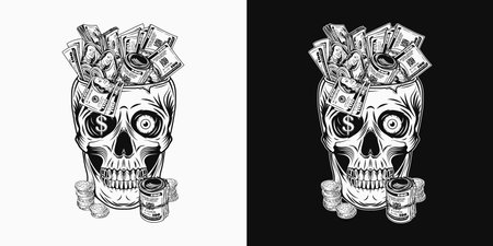 Human skull with single eye,100 dollar bills, gold dollar sign, coins. Skull like cup full of cash money. Concept of making money. Black and white illustration in vintage styleのイラスト素材