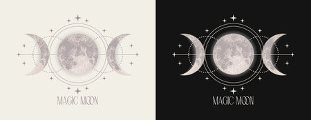 Label with moon, crescent, stars, triple moon sign. Wicca moon goddess symbol. Astrology, alchemy, boho, magic symbol. Mystery concept. Monochrome detailed illustration.のイラスト素材