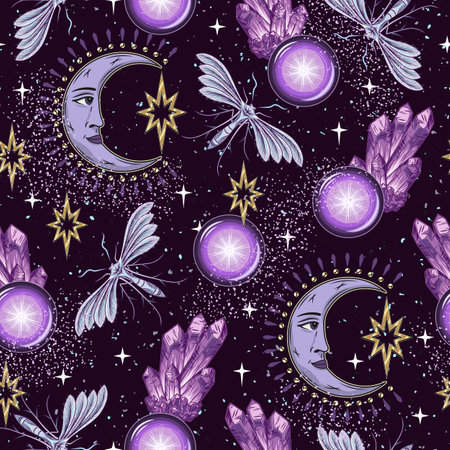 Surreal pattern with magic ball, sphere, crystals, crescent moon, butterfly, stur dust. Concept of sacred spirit, mystery. Fairy supernatural illustration for prints, clothing, t shirt, textile designのイラスト素材