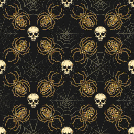Geometric halloween pattern with robot spider, human skull without jaw, grunge spider web on black background. Creative fantasy concept in steampunk style.のイラスト素材