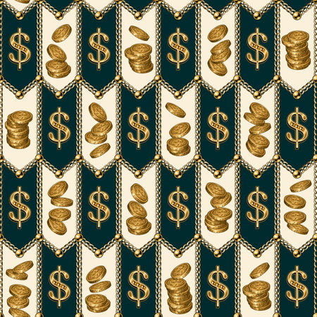 Chevron geometric pattern with gold realistic chains, dollar sign, stacks of one dollar coins, beads. Tile staggered seamless background. Classic elegance design.のイラスト素材