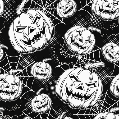Seamless pattern with halloween pumpkin head of various size, spiderweb, silhouette of bat. Black background textured with circular halftone shapes. Traditional black and white illustration.のイラスト素材