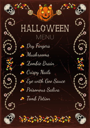 Halloween menu with text, candy, vintage frame made of bones, creepy red eyeball. Illustration with happy kids pumpkin head tossing up sweets. Template for menu, poster, invitation etcのイラスト素材