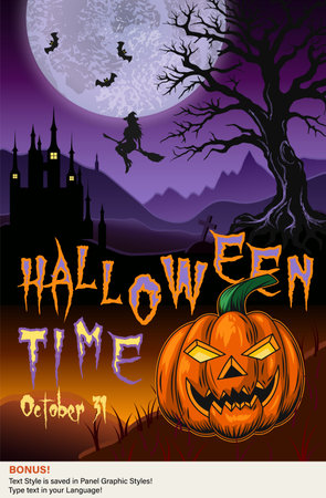 Scary halloween poster with glowing, foggy landscape with mountains, old castle, tree, big moon, grave cross, pumpkin head, text, editable text effect. Otherworldly, mystical illustration.のイラスト素材