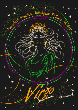 Poster with neon green outline illustration of zodiac sign Virgo, character features, traits. Portrait of young beautiful woman of indian ethnicity with direct look, flowing hair. Grunge styleのイラスト素材