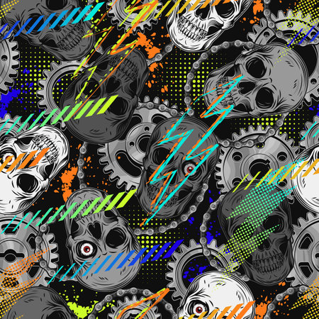 Seamless pattern with human skulls with single red eye, gears, bike chain, neon lightning, fluorescent abstract shapes, stripes. For apparel, fabric, textile design, sport extreme styleのイラスト素材
