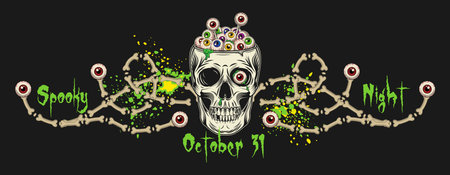 Halloween banner, border with swirls made of bones, bright green, yellow blots, paint splatter, text, human skull like cup full of colorful eyeballs Horizontal poster, header for website, social mediaのイラスト素材