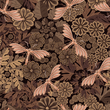 Seamless brown camouflage pattern with nature elements, chamomile flower, moth, butterfly, forest leaves. Fractal, spiral, funnel shapes with elements. For apparel, fabric, textile, sport goodsのイラスト素材