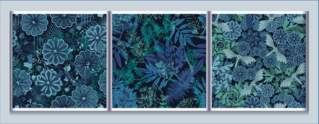 Seamless blue camouflage patterns with nature elements. Floral motifs with leaves, flowers, butterfly, abstract shapes. For apparel, fabric, textile, sport good design.のイラスト素材