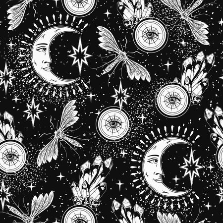 Surreal pattern with magic ball, sphere, crystals, crescent moon, butterfly, stur dust. Concept of sacred spirit, mystery. Supernatural illustration for prints, clothing, t shirt, textile designのイラスト素材