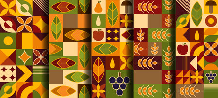 Set of fall patterns in bauhaus geometric style. Natural elements in simple geometric shapes, flat style. Good for autumn templates design. Vector.のイラスト素材