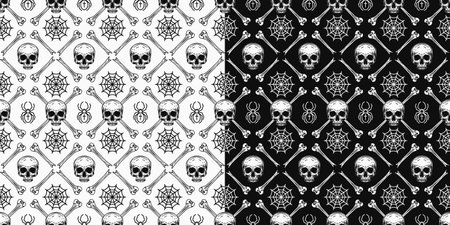 Geometric black and white halloween pattern with square grid with rhombus cells, broken bones, half skull without jaw, spider, spider web on white background. Classic grid pattern Vintage style Not AIのイラスト素材