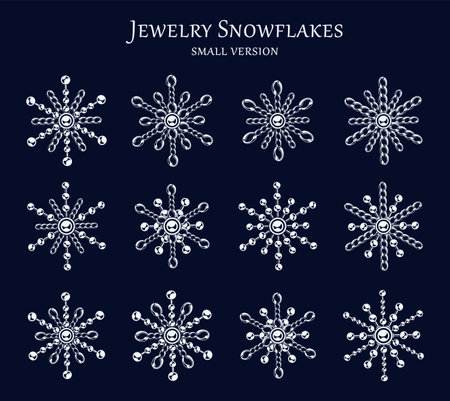 Set of small fancy snowflakes made of jewelry chains and ball beads. Elegant monochrome illustration for winter sales, christmas, new year holiday, gift decoration.のイラスト素材