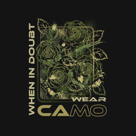 Khaki green rectangular camouflage label with roses, splattered paint, paint brush strokes, leaves, halftone shapes, text Wear Camo. Grunge texture. For sport goods, textile design. Not AIのイラスト素材