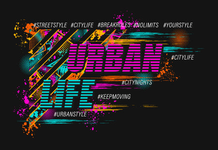 Abstract neon label with splattered paint, paint brush strokes, hashtags, text urban life. Dynamic chaotic composition For apparel, fabric, textile, sport goods, vinyl wrap Grunge texture Not AIのイラスト素材