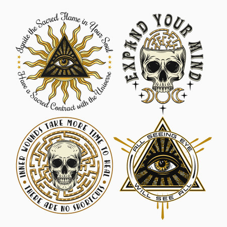 Set of labels with all seeing eye, skulls, labyrinth, text. Concept of intuition, secret knowledge,...