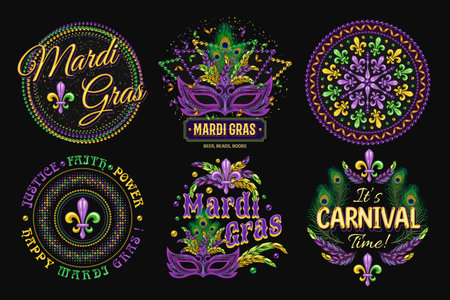 Set of 6 colorful labels with text for carnival Mardi Gras decoration in vintage style on black background. For prints, clothing, t shirt, holiday goods, stuff, surface design.のイラスト素材