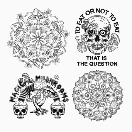 Creepy labels with text, mushrooms, human skull. Concept of madness. Circular patterns with bright colorful shrooms. Vintage style. For fantasy, groovy, hippie, mystical, surreal design Not AI.のイラスト素材