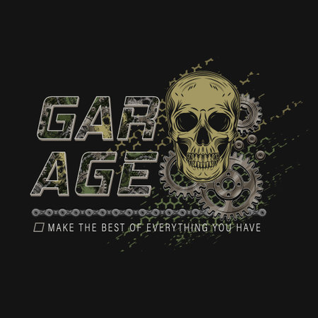 Khaki green camouflage label with human skull, gears, bike chain, rivets. Dark scary gothic illustration in steampunk style. For apparel, fabric, textile, sport goods. Not AIのイラスト素材