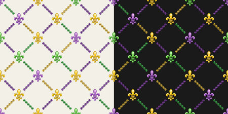 Geometric pattern with fleur de lis symbol. Diagonal square grid. Illustration for Mardi Gras carnival. Vintage illustration for prints, clothing, holiday, surface designのイラスト素材