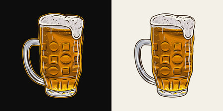 Full glass of beer. Mug with handle and overflowing beer foam. Filtered transparent beverage. Vintage illustration on black, white background.のイラスト素材