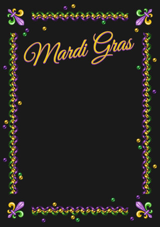 Vintage vertical rectangular frame made of spiral party streamers, ribbons, scattered beads, Fleur di Lis sign. For Mardi Gras holiday decoration. Template for menu, poster, invitation etcのイラスト素材