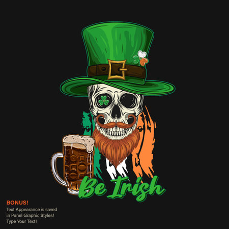 St Patricks Day label with human skull in tall hat, with red beard, dark beer. Text Be Irish. Grunge silhouette of Ireland flag behind. For prints, t shirt, holiday design Text graphic style includedのイラスト素材