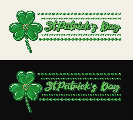 Horizontal St Patricks Day label with shamrock clover, bead strings, text. Clover like jewelry charm made of green enamel in golden frame. Vintage illustration in luxury styleのイラスト素材