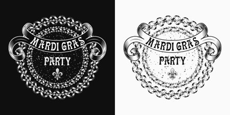 Circular label with strings of beads, party streamer, fleur de lis sign, twisted ribbon with text Vintage illustration for Mardi Gras carnival For prints, clothing, t shirt, holiday goods stuff designのイラスト素材