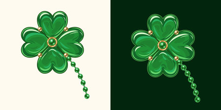 Clover like jewelry charm made of green enamel in golden frame. Lucky shamrock with 4 four leaves. St Patrick's Day decoration. Vintage styleのイラスト素材