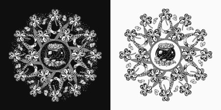Circular St Patricks Day pattern like mandala with horseshoes, dust, particles, clover leaf, pot full of treasures. For prints, clothing, t shirt, plate, surface design. Vintage styleのイラスト素材