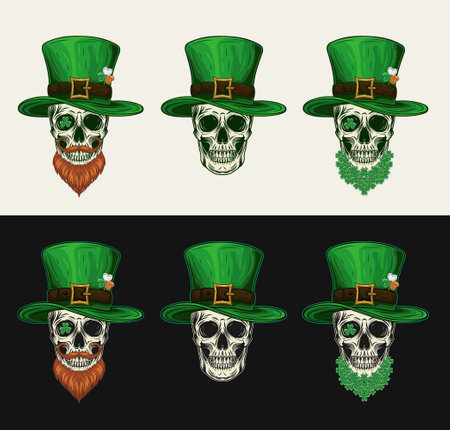 Set of skulls in tall top hat, four leaves clover, shamrock, red beard, fantasy beard made of clover. Vintage illustration on white, black background.のイラスト素材
