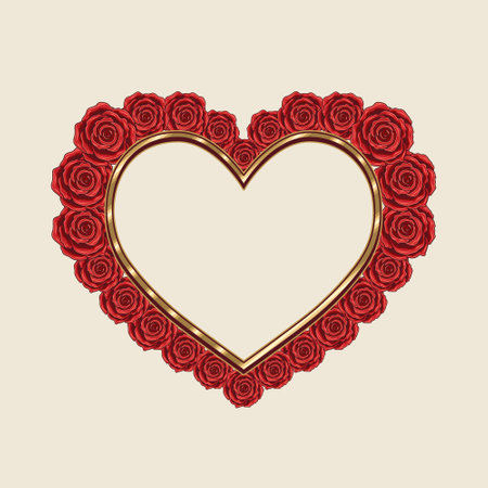Empty heart shaped golden frame with red roses outside on white background. Holiday design element for Happy Valentines day, Save the date greeting card, wedding, engagement event.のイラスト素材