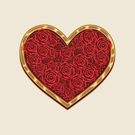 Golden heart shaped frame full of red roses in on white background. Holiday design element for Happy Valentines day, Save the date greeting card, wedding, engagement event.のイラスト素材