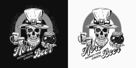 St Patricks Day label with rainbow arc, human skull in tall hat, with beard, beer, pot with gold coins. Text More money for green beer. For prints, t shirt, holiday designのイラスト素材