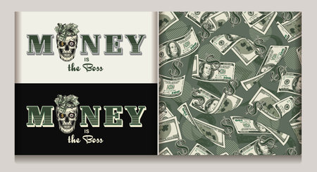 Money vintage seamless pattern, label with skull, 100 dollar bills, dollar sign. Text Money is the boss. Concept of supremacy of money. For clothing, t shirt design. Vintage styleのイラスト素材