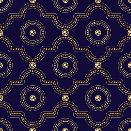 Seamless luxury geometric pattern with jewelry gold chains, beads. Classic geometric grid ornament on dark blue background.のイラスト素材