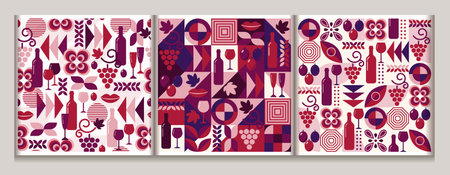 Red wine theme seamless patterns with icons, abstract design elements in simple geometric style. Good for branding, decoration of wine package, cover design, decorative printのイラスト素材